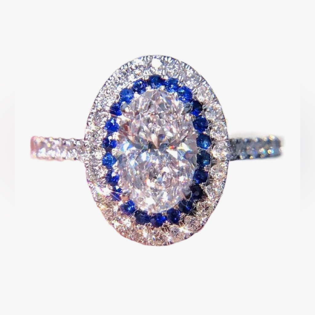 Retro Neiman Marcus Sterling Silver Blue & White Sapphire Oval Ring Size 9